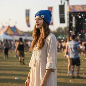 NWOT Festival Blue Hand Knit Cuffed Beanie Artisan Made Multicolor Button S/M